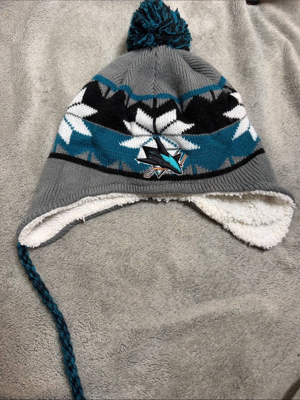 Kids Gray & Teal Fleece-Lined Earflap Pom Hat